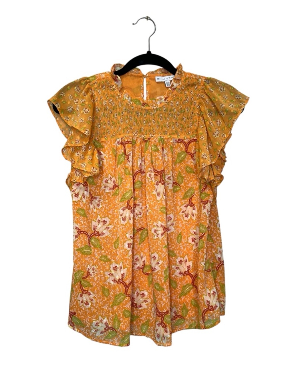 Maison d’Amelie Orange Floral Flutter Ruffle Top size XS